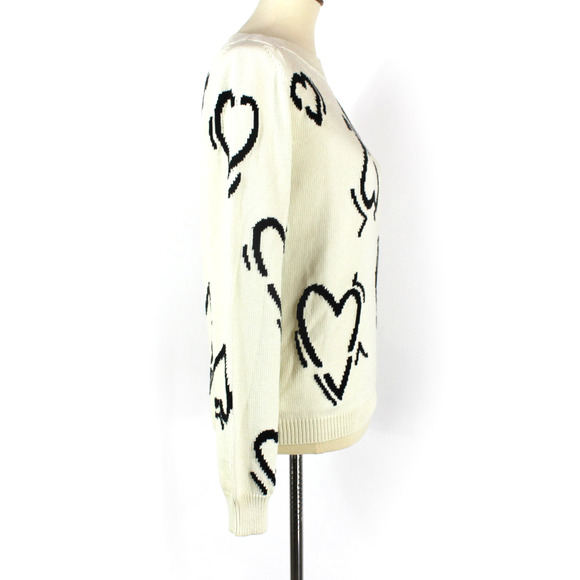 MaxMara Knit Heart Sweater Ivory Black Intarsia Motif Boatneck Pullover Knit S - Picture 2 of 6